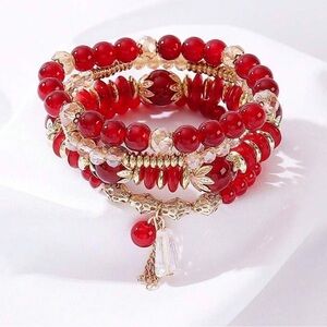 Elegant Red and Gold Beaded Bracelet Set
